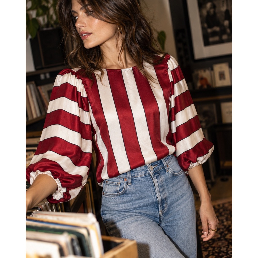 NWT Anthropologie Maeve Maria Striped Satin Balloon Sleeve Blouse Red 4